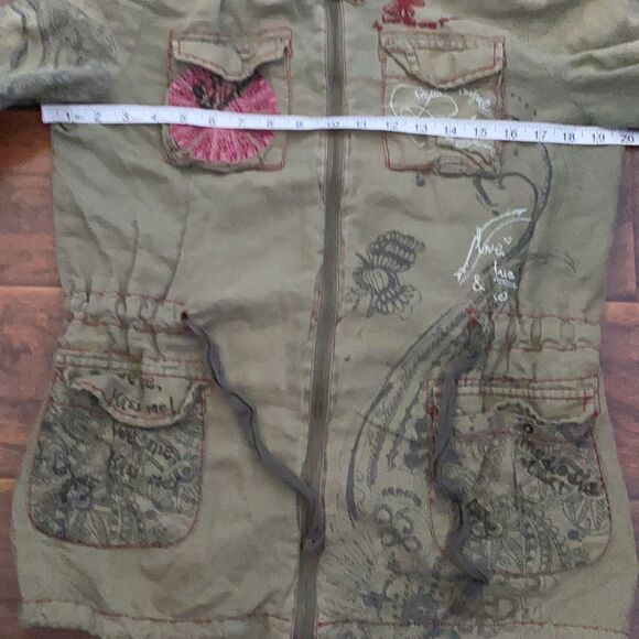 Desigual Distressed Embroidered Hooded Jacket Linen Blend Utility Boho Military - Picture 5 of 14